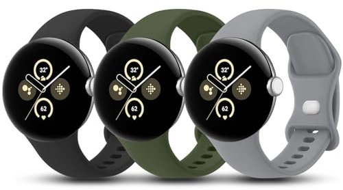 Tobfit 3 Stück Armband für Google Pixel Watch 2/3 41mm, Silikon, Schwarz/Armeegrün/Grau, S/L, Wasserfest, Atmungsaktiv, Hypoallergen, Schnalle, Standard, Uhrenarmband