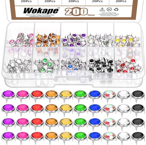 Wokape 200Pcs 6MM（0.24In) Rhinestone Stud Refill Sortiment Set 10 Farben Dazzling Crystal Claw Beads 4 Claw Nailhead Rivet Punk Copper Spikes Dekorative Nieten für DIY Leder Handwerk Kleidung
