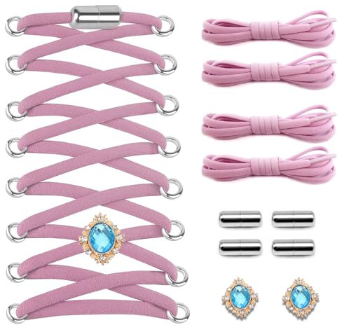 SNZ 2 Doubles Lacets Elastique pour Mocassins Enfants et Adultes pour Chaussures de Travail, Bottes et Chaussures de Sport (Avec 4 Fermetures en Métal et 2 Saphir Ornemental) Rose