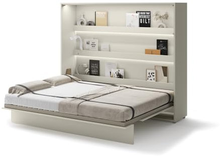 Friderik Bed Concept BC-14 Wandklappbett Horizontal Schrankbett mit Matratze und mit LED-Beleuchtung, 160x200 cm (Kaschmirfarbe)