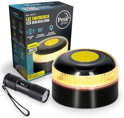PMK Grupo | Baliza V16 Homologada DGT 2026 Geolocalización GPS | Luz Emergencia LED 360º 1 km | Conectada con DGT 3.0 en 10 seg. | Sin APPS ni suscripciones | Incluye linterna