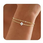 Maynor Kleeblatt Armband Damen Silber 925 Gold mit Runden Cubic Zirkonia Anhänger Armbänder Armkette Verstellbare Stapelbare Kettenarmband für Mädchen Handmade Schmuck Geschenk