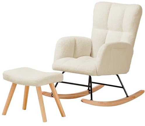 COMHOMA Schaukelstuhl mit hocker, Relaxsessel mit Armlehnen, Ohrensessel aus Teddy-Plüsch Schaukelsessel, bis 150 kg belastbar, sonnenliege gartenliege für Schlafzimmer, Wohnzimmer, beige