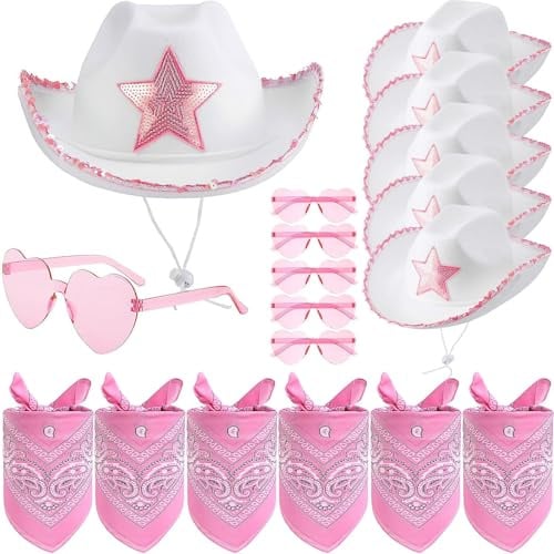 TESIN 6-teiliges Cowboyhüte Set, herzförmigen Sonnenbrillen & Bandanas – Weißer Westernhut mit pinken Pailletten für Junggesellinnenabschiede, Kostümpartys, Hochzeiten & Festivals