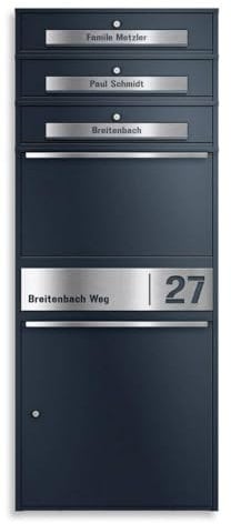 Metzler Paketbox mit 3 Briefkästen draußen groß XXL, Briefkasten 3 Parteien mit Paketfach in Anthrazit RAL7016, 3er Paketbriefkasten groß, Personalisiert Edelstahl Namensschild Gravur - Bispo Max 2