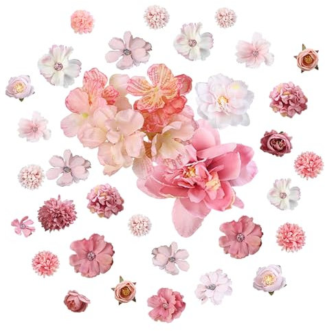 32 Pcs Stück Kunstblumen zum Basteln für Dekoration, Mini Künstliche Blumen Blütenköpfe Deko für Kuchen Dekorationen, Kunstblumen Deko für DIY Basteln Scrapbooking Hochzeit Party Home Handwerk Garten