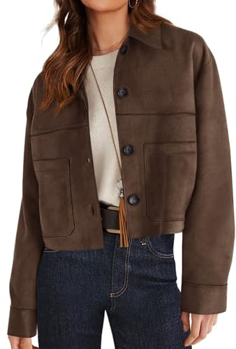 PRETTYGARDEN Women's Faux Suede Cropped Jacket Casual Lightweight Fall Fashion 2026 Winter Coats Outerwear Trendy Clothes (Dark Brown,Small)