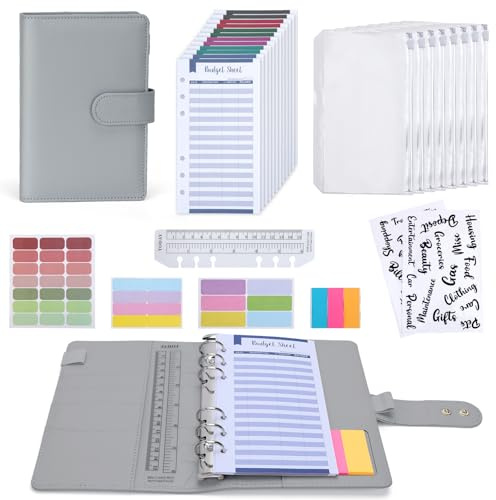 Euqvunn Budget Planner, A6 Budget Binder mit Bargeldumschlägen, verstellbaren Verschlüssen Geld Sparen Mappe, Umschlagmethode für Money Organiser, A6 Sparbuch für Geld - Grau