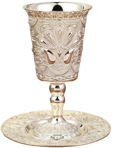 Wudaizhi Goblet with Saucer Goblet Cup with Saucer European Party Supplies Judaica Gift Kiddush Cup Wine Goblet for Shabbat Wedding, Argent