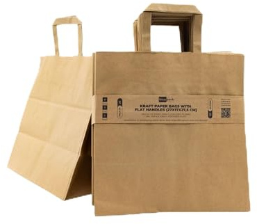 BICAPACK 25 Bolsas de Papel Kraft con Asas Planas, 27 x 17 x 27 cm, Papel Resistente 110 g/m², para Tiendas, Ropa, Regalos, Comercios y Eventos