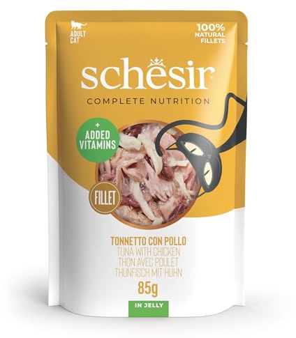Schesir, Thunfisch mit Huhn in Gelee, komplettes Nassfutter für Katzen, im Beutel, 100% natürliche Inhaltsstoffe, tierversuchsfrei, 12 x 85 g