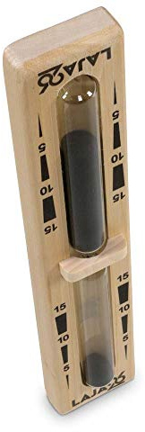 LaJa26 Sauna Sanduhr Bügel schwarzer Sand - FSC Espenholz - Drehgestell aus Holz zur Montage an der Wand - Beständig gegen Wärme und Luftfeuchtigkeit - Fertig montiert - Handarbeit Made in Europe