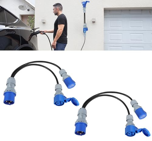 32A Plug to 2 x 16A Sockets, 2 Way Heavy Duty Power Splitter Caravan Hook Up, Electric Caravan Adapter Converter Lead Camping Electric Hook Up Cable IP44 Splitter Socket, 0.5M Black Cable, 2Pack