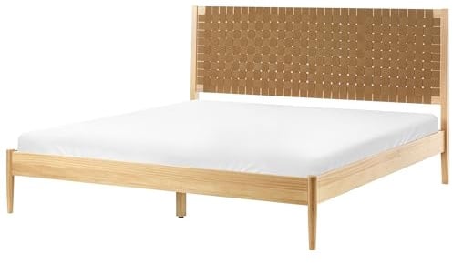 Beliani Bett mit Lattenrost Kiefernholz Hellbraun 180x200 Gepolstertem | Holz, Braun, Lackiert, Belastbarkeit 240 kg, 180 x 200 cm, 100% Polyester