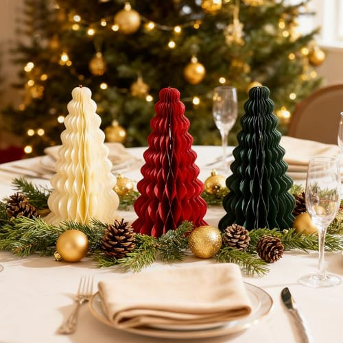 Papier Weihnachtsbaum, 3/6 Stück 3D Papier Tannenbaum Waben Faltbarer Weihnachtsbaum Weihnachten Tischdeko papier Weihnachtsbaum Grün Rot Weihnachtsdeko Papiertannenbäume für Esstisch Schrank (A)