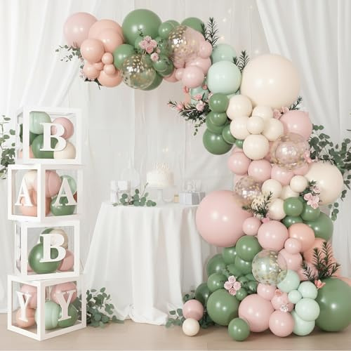 Acidea Kit Arche Ballon Rose Vert Sauge, 152 Stück Grüne Rosa Baby Party Dekoration Neutral mit 4Pcs ballon Boxen et Lettres, Babyparty Deko Junge Mädchen für Baby Shower, Gender Reveal, Anniversaire