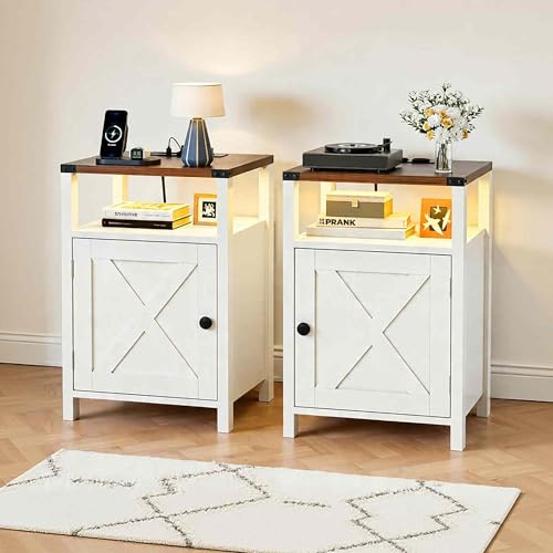 BonVache Nachttisch 2er Set mit LED und Steckdose, Holz Nachtschrank mit großem offenen Stauraum, modern Beistelltisch für Schlafzimmer, Lesezimmer, Wohnzimmer, Flur, Weiß