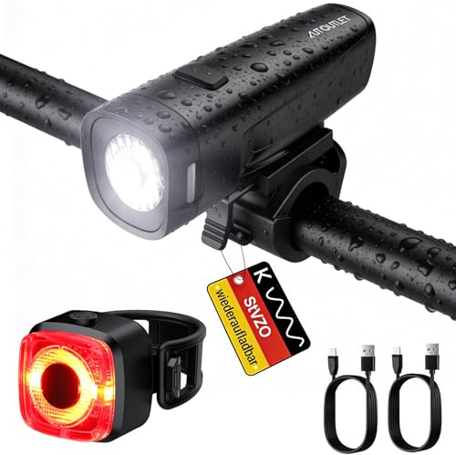 AUTOUTLET Juego de luces para bicicleta, homologadas por StVZO, 20/40 LUX, iluminación LED para bicicleta, USB-C recargable, hasta 16 horas de duración de la batería, IPX5, resistente al agua, luz