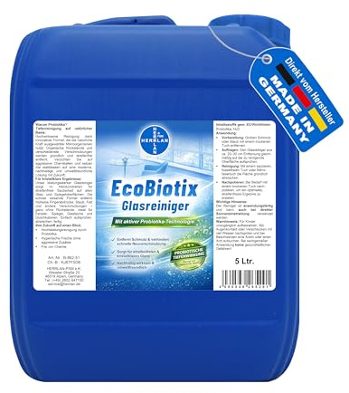 HERRLAN® EcoBiotix - 5 Liter HOCHLEISTUNGS Glasreiniger | CHEMIKALIENFREI - Probiotischer tiefenreiniger für Glasflächen, Spiegel, Duschkabinen uvm. – Tiefenreinigung mit Probiotika