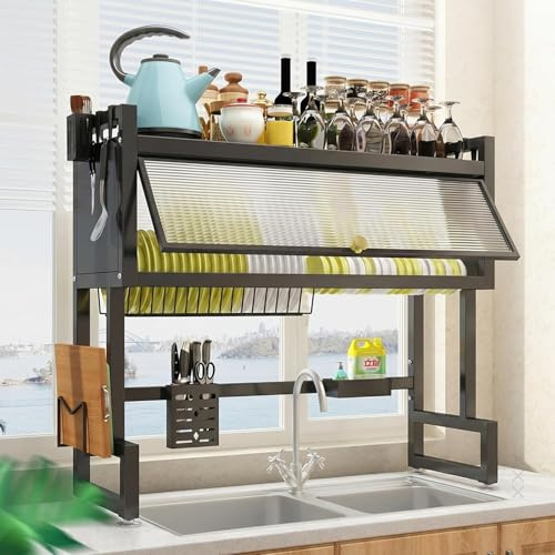 SOONHUA Over Sink Dish Drying Rack with Dust Cover | Heavy-duty organiser with utensil holder, cutting board rack and hooks to maximise kitchen space