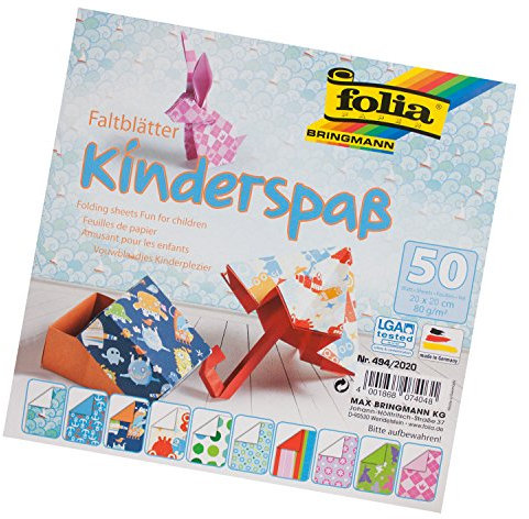 folia 494/2020 - Faltblätter Kinderspaß, 20 x 20 cm, 80 g/qm, 50 Blatt sortiert in 10 Motiven - ideal für wunderschöne Faltfiguren und -formen