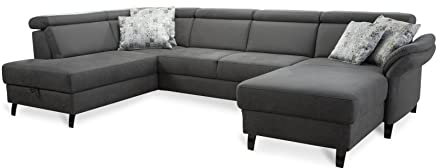 Cavadore Wohnlandschaft Ammerland mit Federkern, Schlafsofa mit Ottomane links und Longchair rechts, inkl. Kopfteilverstellung, 317 x 84 x 193, lederoptik anthrazit