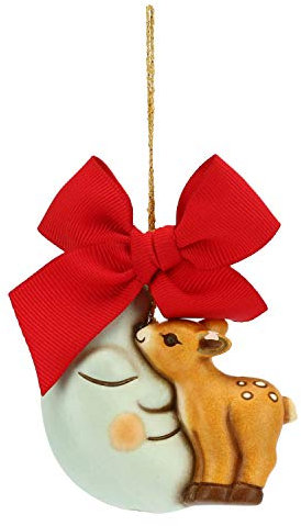 THUN - Addobbo Cerbiatto con Luna per Albero di Natale - Formato Grande - Ceramica - Linea Preludio d'inverno - 6x6,3x3,8 cm