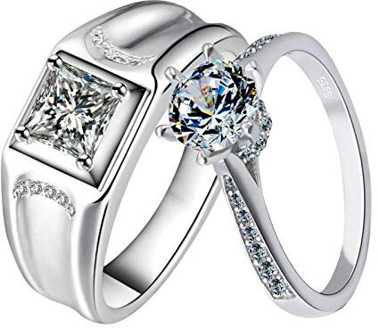KnBoB Wedding Ring Sets Couple Rings Silver Cubic Zirconia Round Brilliant Shape Ring Women Size R 1/2 & Men Size S 1/2