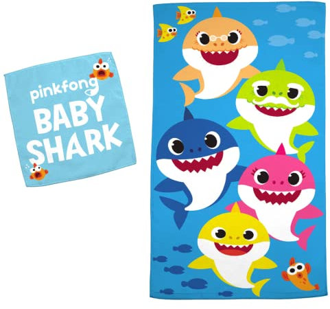Franco Kinder-Bad- und Strandtuch aus weicher Baumwolle mit Waschlappen, 63,5 x 127 cm, Baby Shark