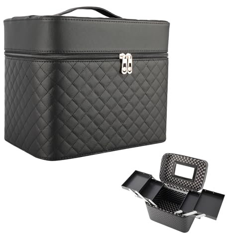 Homtone 4 Tabletts Reise Makeup Kosmetikkoffer mit Spiegel, PU Leder Aufbewahrungsbox Tragbar Kosmetiktasche mit Großer Kapazität, Schwarz