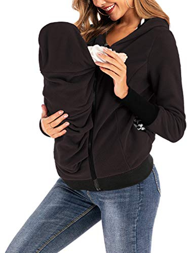 Veste De Transport pour Maman Et Bébé 3 en 1 Polaire Veste Kangourou Softshell Maternité Blouson À Capuchon Femme Maternité Warm Porter des Chandails avec Insert Bébé (Noir,L)