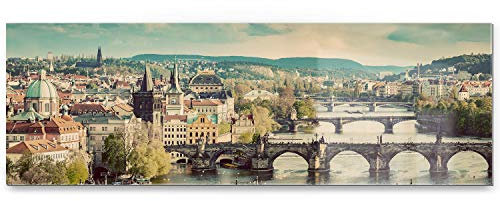 Eindrucksvolles XXL Panorama Acrylglasverbund-Bild, 8mm stark, 150x50cm Skyline Prag als Wandbild. Das Glasbild setzt Ihr Wohnzimmer, Esszimmer oder Schlafzimmer perfekt in Szene