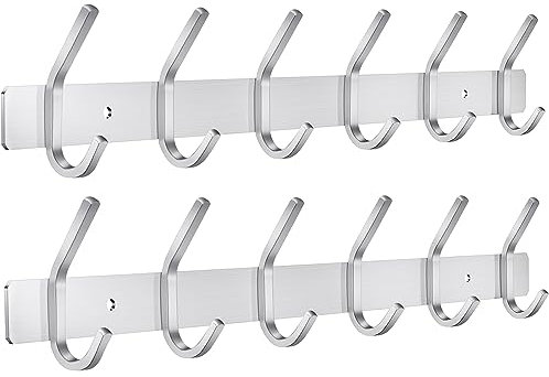 JOLY FANG Hakenleiste Rostfrei Edelstahl Garderobenhaken Gebürstete Kleiderhaken Wand Garderobenleiste für Schlafzimmer Bad Küche (Silber, 6 Haken - 2 Stück)