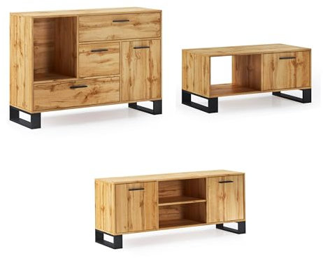 Skraut Home | Set Aparador+Mueble de TV+Mesa de Centro Salón | Modelo Loft | Conjunto para Comedor | Estructura Resistente | Fácil Montaje | Acabado Rústico