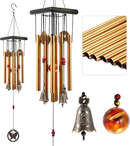 BWINKA Traditionelles chinesisches Windspiel mit 8 Röhren, 5 Glocken, Bronze, 60 cm