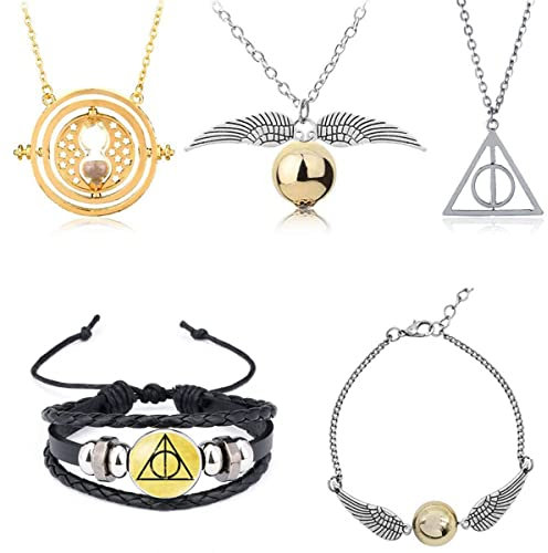 HCSUI 5 Stück Cosplay Schmuck Set Zeitumkehrer Kette Anhänger Halsketten Heiligtümer des Todes und Goldener Schnatz Halskette mit Armband for Halloween Cosplay