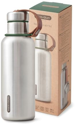 BLACK+BLUM - Water Bottle - Stainless Steel Thermal Insulated Leak Proof Travel Thermo Flask with Wide Spout and Stylish Vegan Leather Carry Loop - Keeps Hot for 12 hrs, Cold for 24 hrs, Olive - 500ml