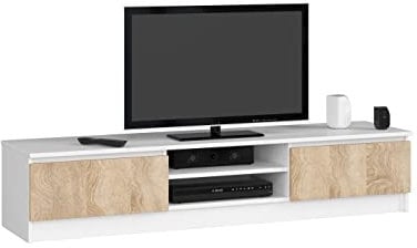 AKORD | Mobile per TV K 140 | Mobiletto Porta Televisione Soggiorno | un ripiano aperto | 2 Ripiani con Ante a Battente a Sinistra e a Destra | 33x160x40 cm | Peso 30 kg | Bianco/Rovere Sonoma
