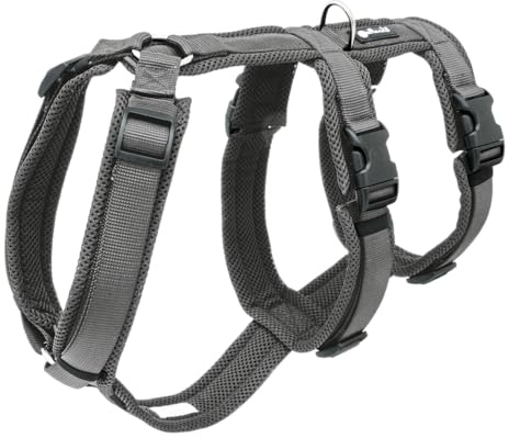 Petlando Sicherheitsgeschirr Mesh, ausbruchsicher, Anthrazit, L | Für große Hunde, gepolstert, atmungsaktiv, stufenlos verstellbar, Hundegeschirr mit extra Bauchgurt, Panikgeschirr