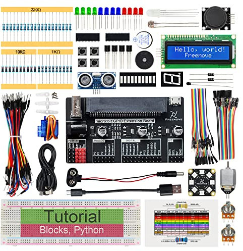 Freenove Super Starter Kit for BBC Micro:bit (Not Included, Works with V1 & V2), 266-Page Detailed Tutorial, 191 Items, 38 Projects, Blocks and Python Code