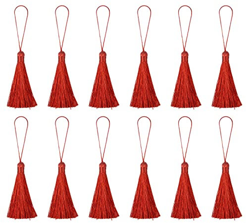 sourcing map 12Stk. 6.5 Lesezeichen Quasten Seidenweiche Mini Quaste mit Schlingen für Schlüsselanhänger Graduierung Handgemachtes DIY Bastel Zubehör Rot