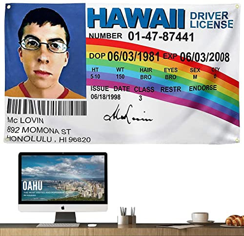 Lustige McLovin ID-Flagge, gefälschter Führerschein, 90x152 cm, Wandteppich, Banner, Meme-Poster mit 4 Messingösen, HD-Druck, Zimmerdekoration und Schlafzimmer, Teenager