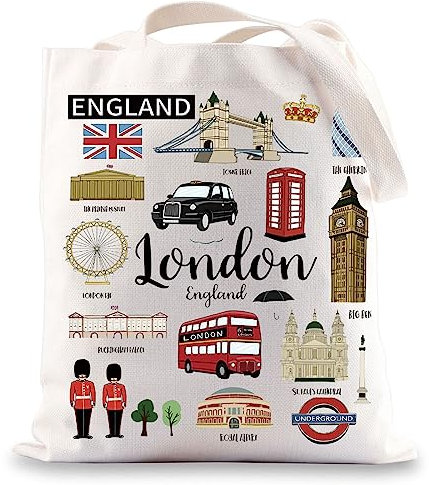 BWWKTOP London Canvas Tote Bag England Souvenirs Gifts Londons Trip Shopping Grocery Bag(London TG)