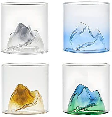 Lot de 4 Verres à Whisky, Verres à Whisky de Montagne, Verres de Bar de Montagne, Verres à L'ancienne, Verres à Vin sans Pied, Soufflés à la Main pour Cocktails, Bière, Soda, Jus.(#1)