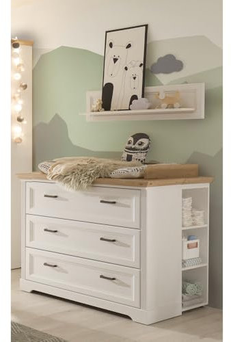 Lomadox Babyzimmer Wickelkommode und Wandoard, Landhausstil, Pine weiß mit Eiche