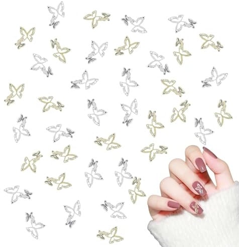 3D Butterfly Nail Charms, 40 Pcs Shiny Alloy Butterfly Nail Art Charms Gold Silver Metal Nail Gems Nail Art Decorations for Girl Women DIY Nail Design Craft Jewelry Making