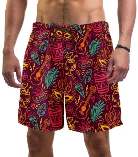 Herren-Badehose mit Taschen, schnell trocknend, Sommer-Strand-Shorts, 3D-Druck, brasilianischer Karneval mit Masken, Trommeln, Gitarren, Boardshorts, lässige Surfshorts, mehrfarbig, S 7-9
