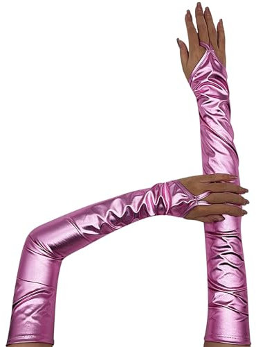 Kaerm Women's Shiny Metallic Fingerless Gloves Wet Look Opera Gloves Nightclub Dance Costume Pink One Size