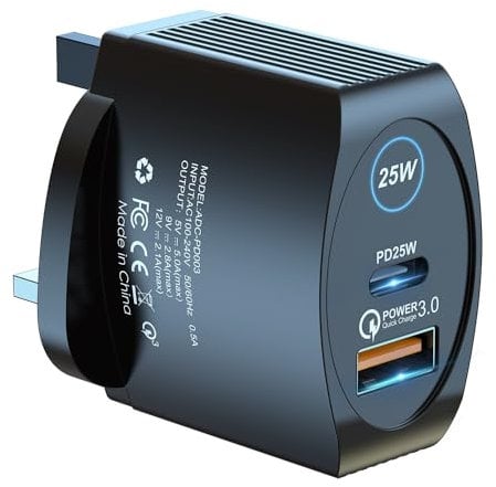 Dual USB Fast Charger Plug, 25W USB C Super Fast Charger For Samsung S24 S23 S22 S21 S20 A15 A Series, USB-C USB-A Mobile Phone Charger For Samsung Galaxy, iPhone, Apple Watch, iPad, Tablet, Android