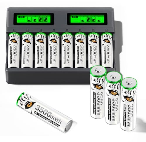 Mspalocell Batteria al litio 1.5v 3600mWh AA ricaricabile con caricabatterie, 8 slot USB C Type-C ricarica indipendente LCD caricabatterie rapido intelligente, con 8 batterie AA (Charger+8AA Ultra)